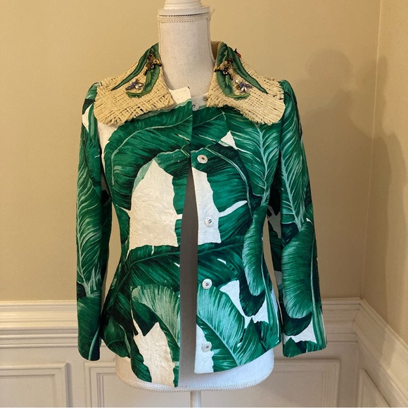 DOLCE AND GABBANA Green White Banana Leaf Tropical Print Straw Collar Jacket - Picture 9 of 15